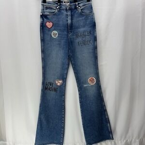 WRANGLER X FENDER Westward 626 High Rise Bootcut 29 X34 Rockstar Hippie Patches